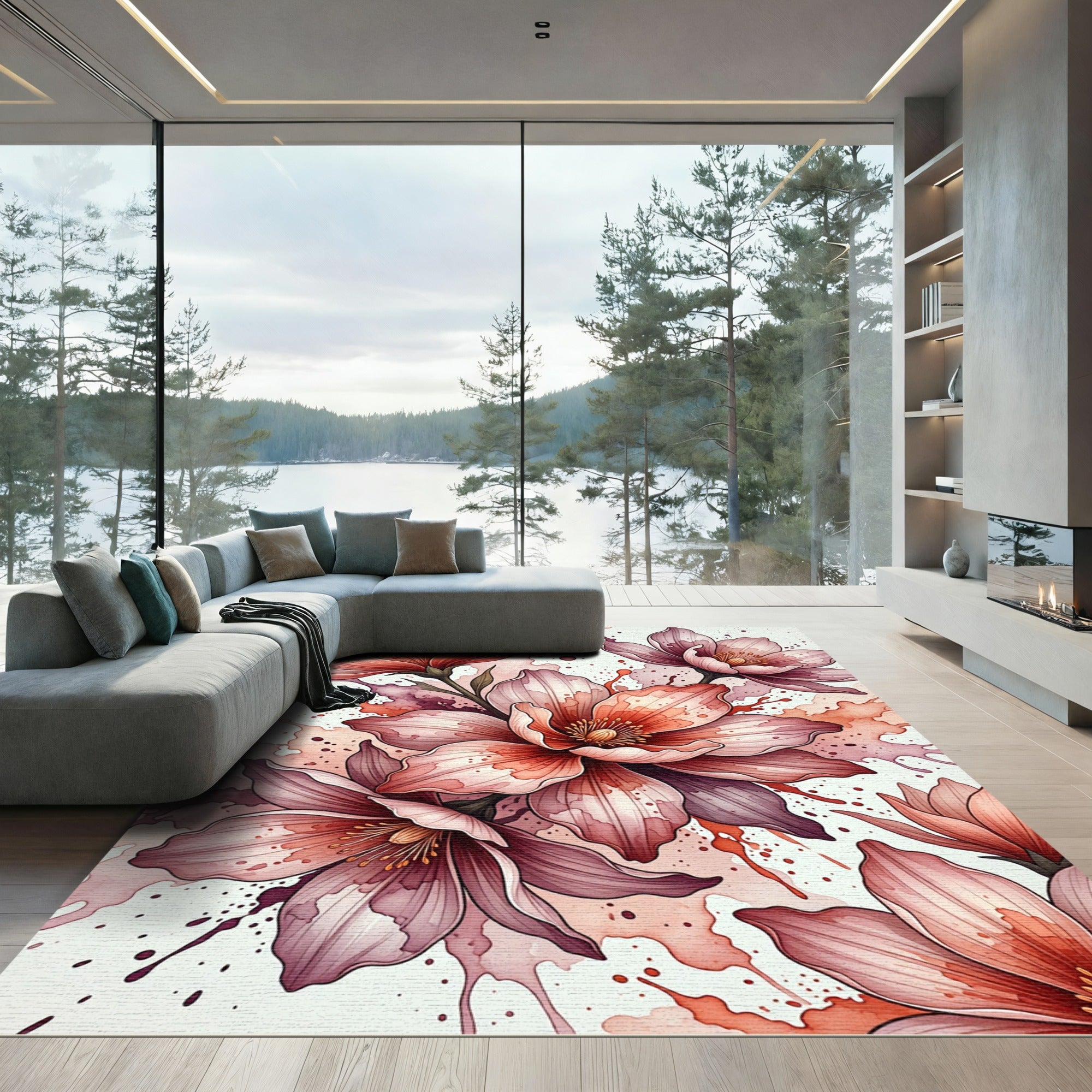 Watercolor Blush Floral Ink Splash Rug