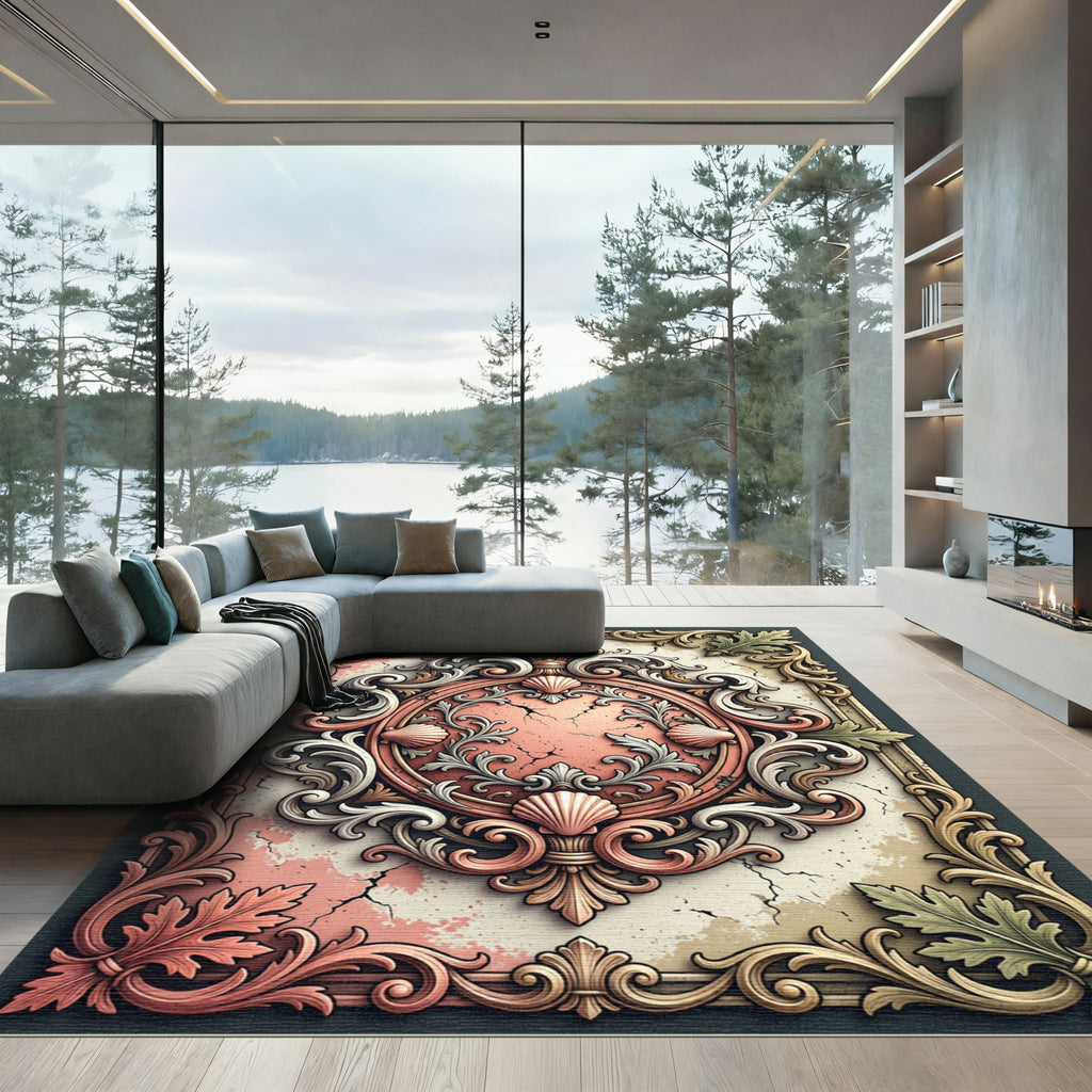 Ornate Blush Shell Baroque Medallion Rug