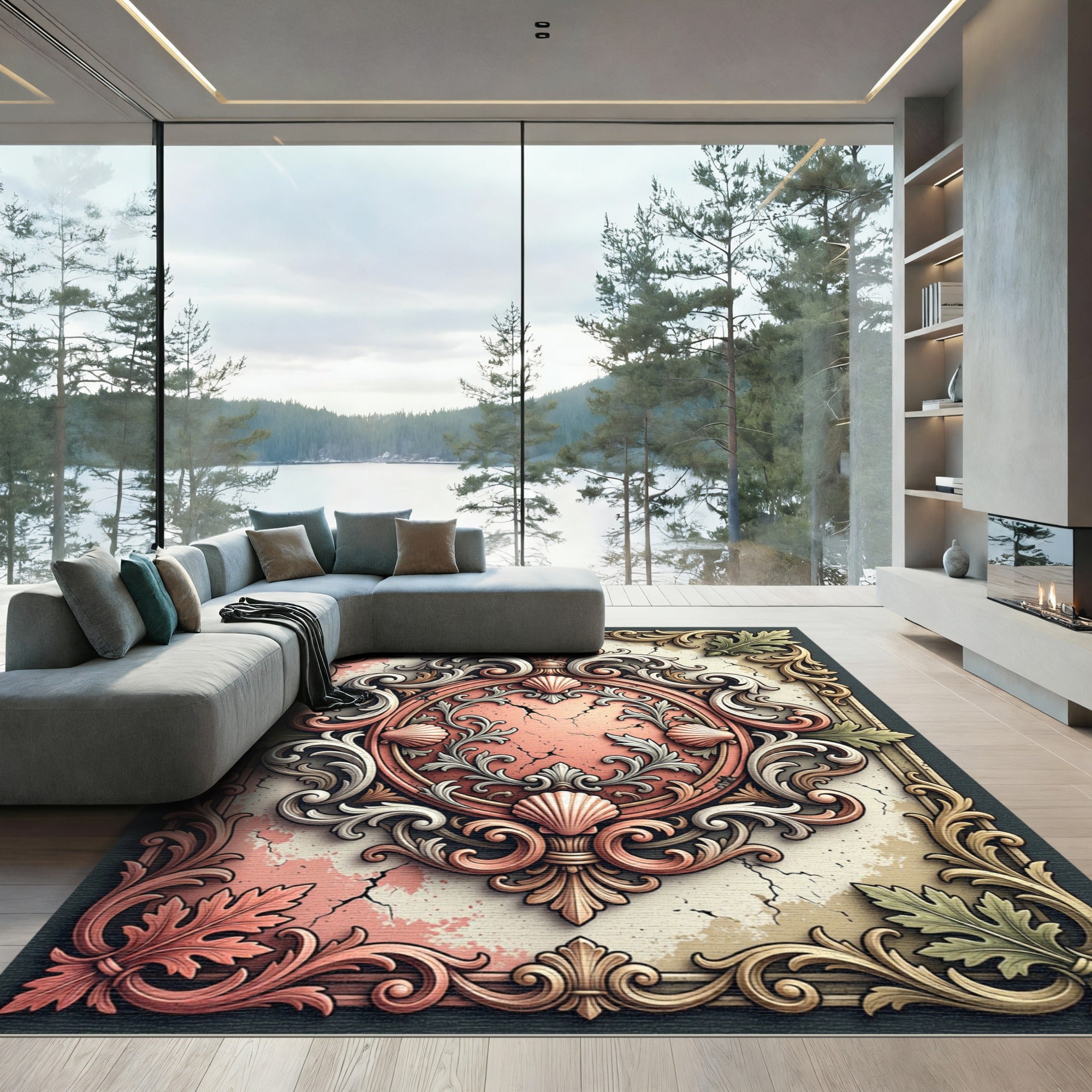 Ornate Blush Shell Baroque Medallion Rug