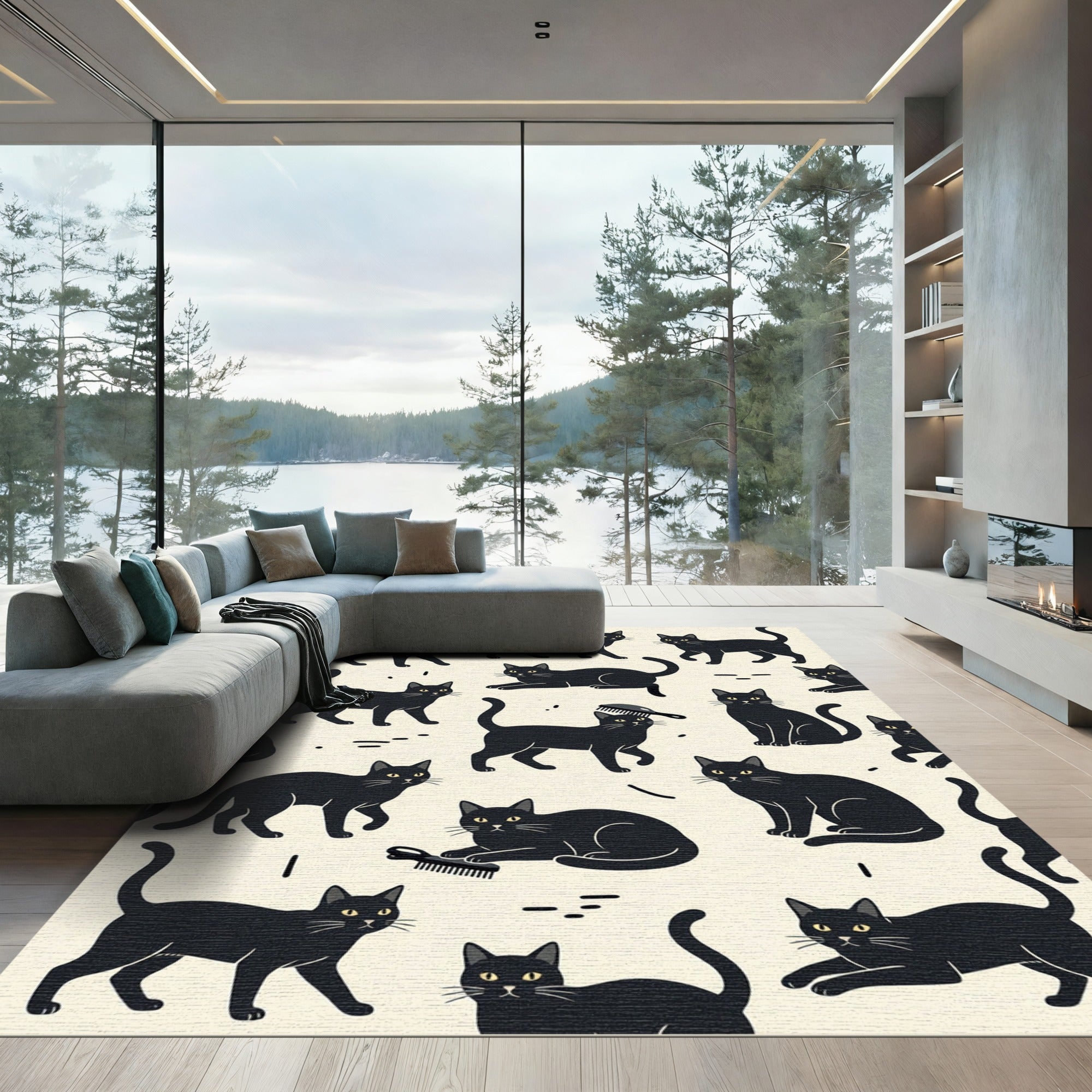Whimsical Black Cat Minimalist Illustration Rug