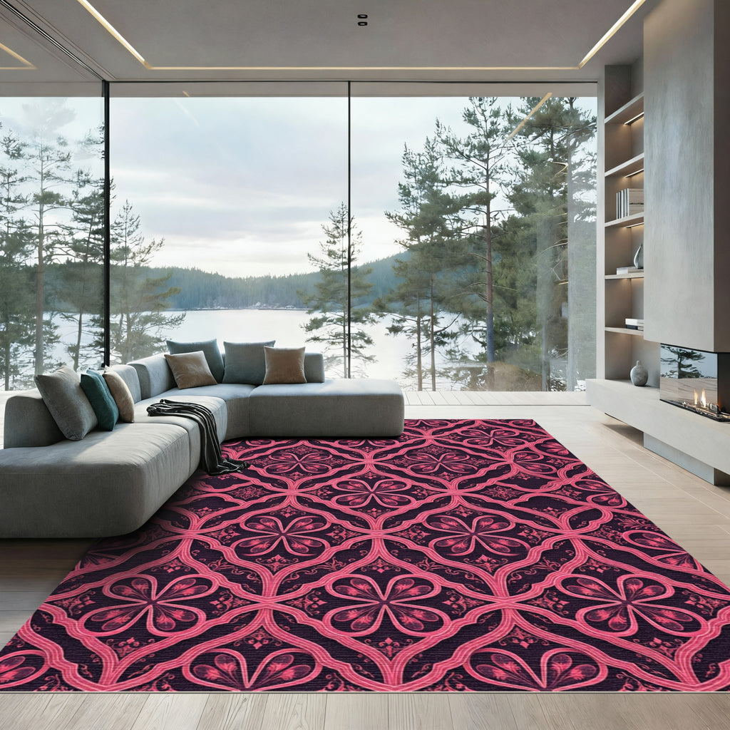 Elegant Magenta Damask Quatrefoil Scroll Rug