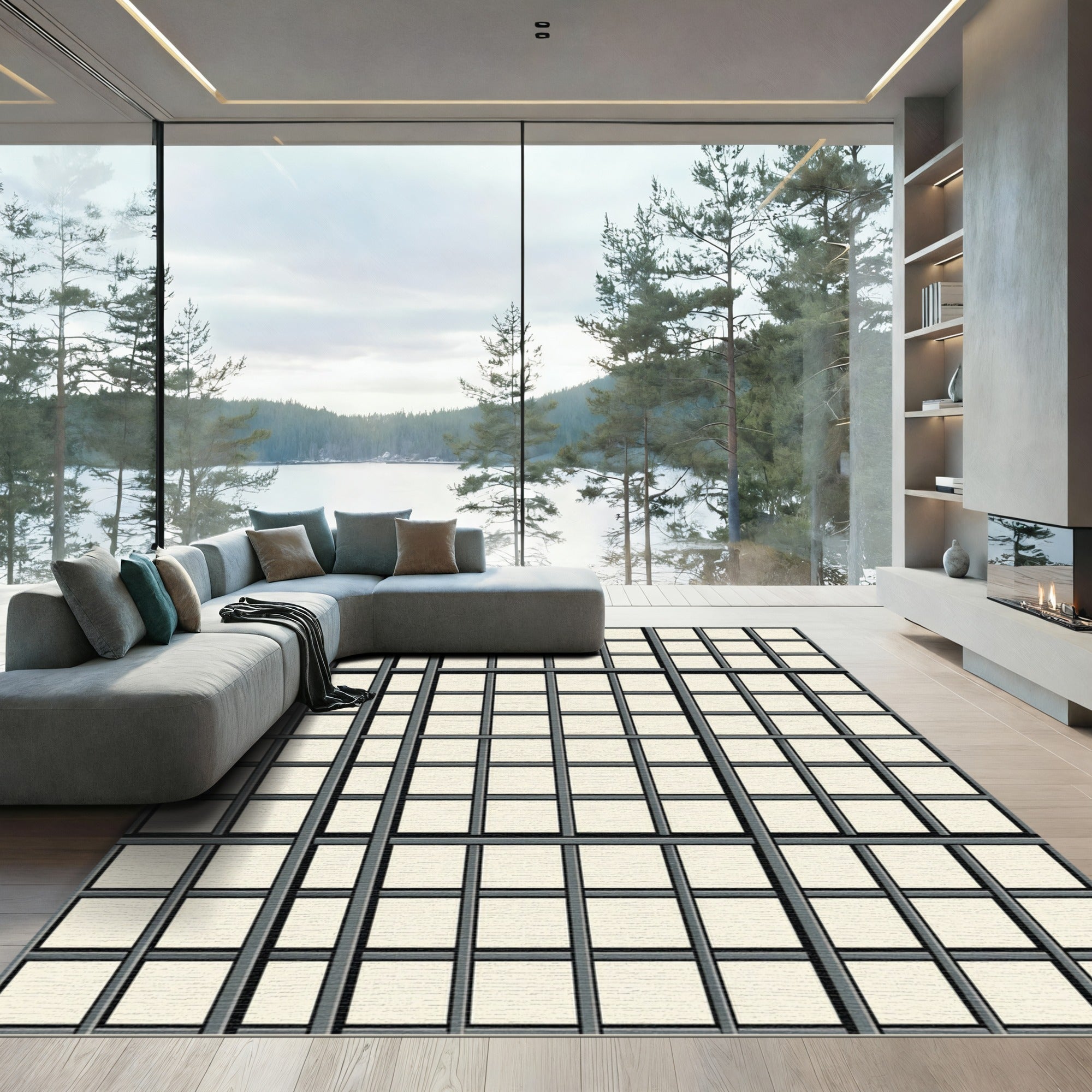 Grid Lattice Metal Window Beige Rug