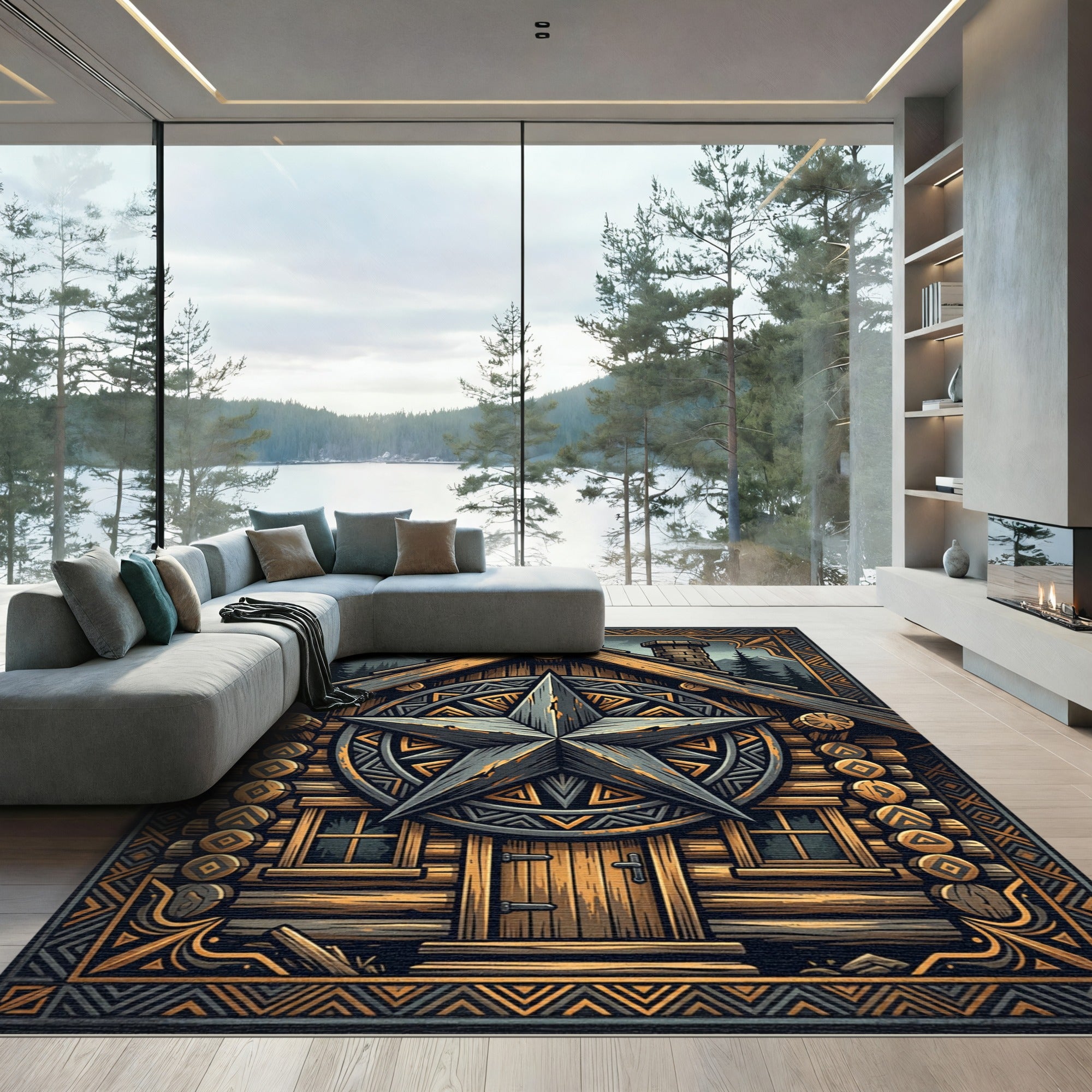 Rustic Log Cabin Star Mountain Rug