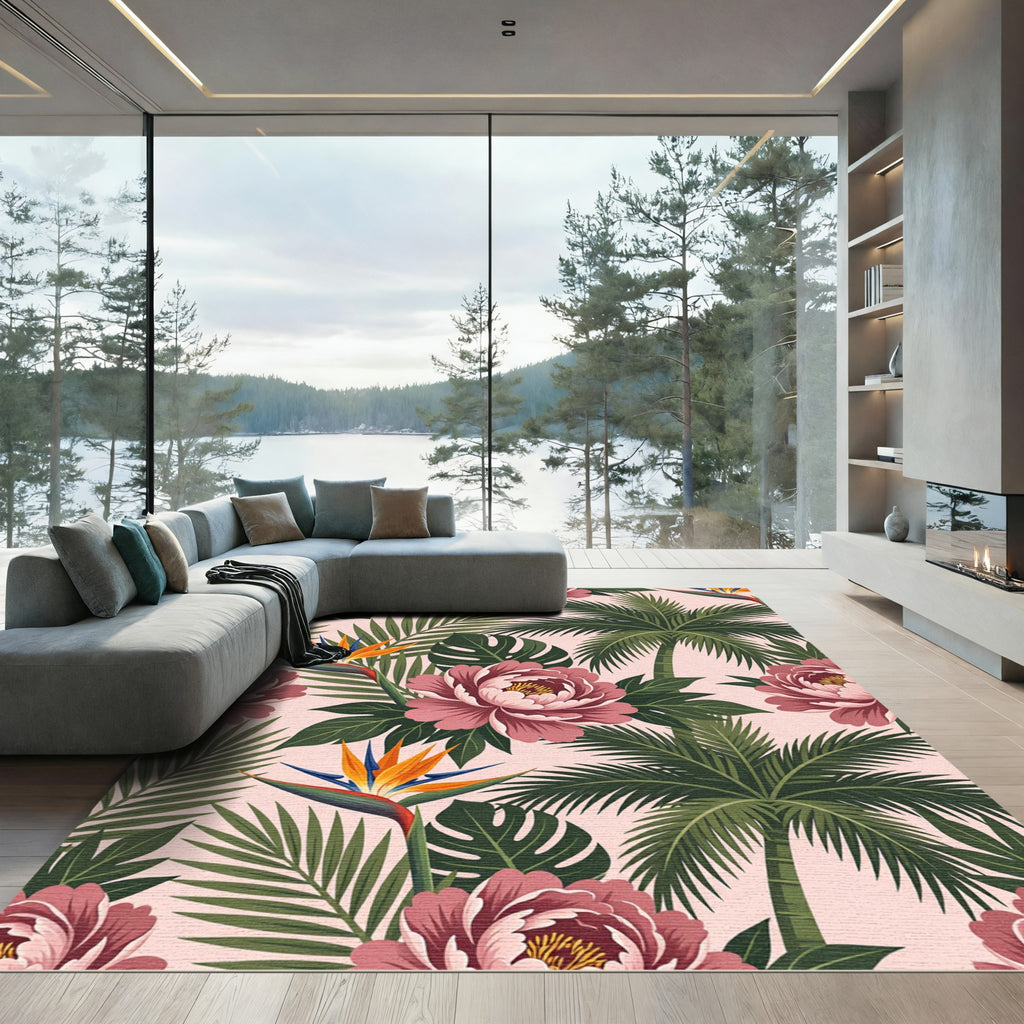 Blush Tropical Peony and Palm Leaf Rug