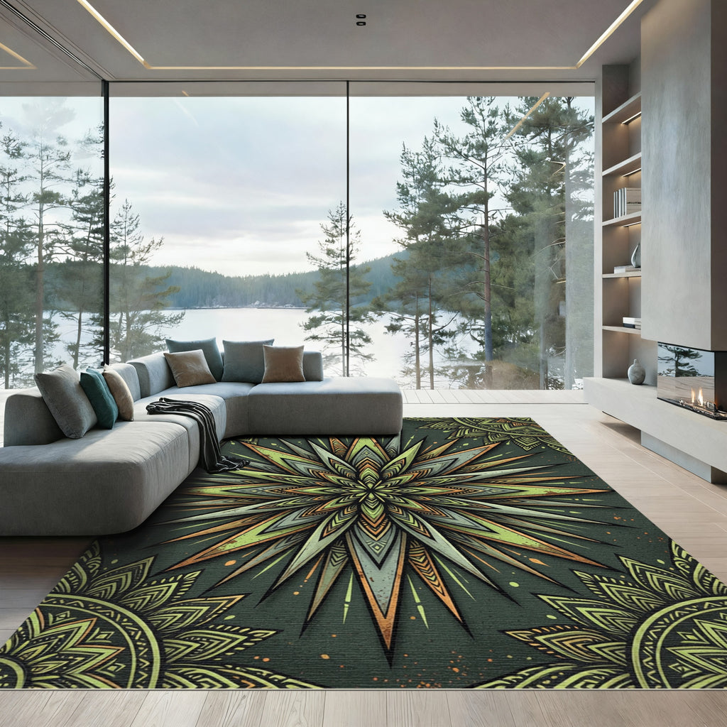 Olive Green Radiant Geometric Star Burst Rug