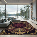 Ornate Maroon Damask Floral Gold Medallion Rug