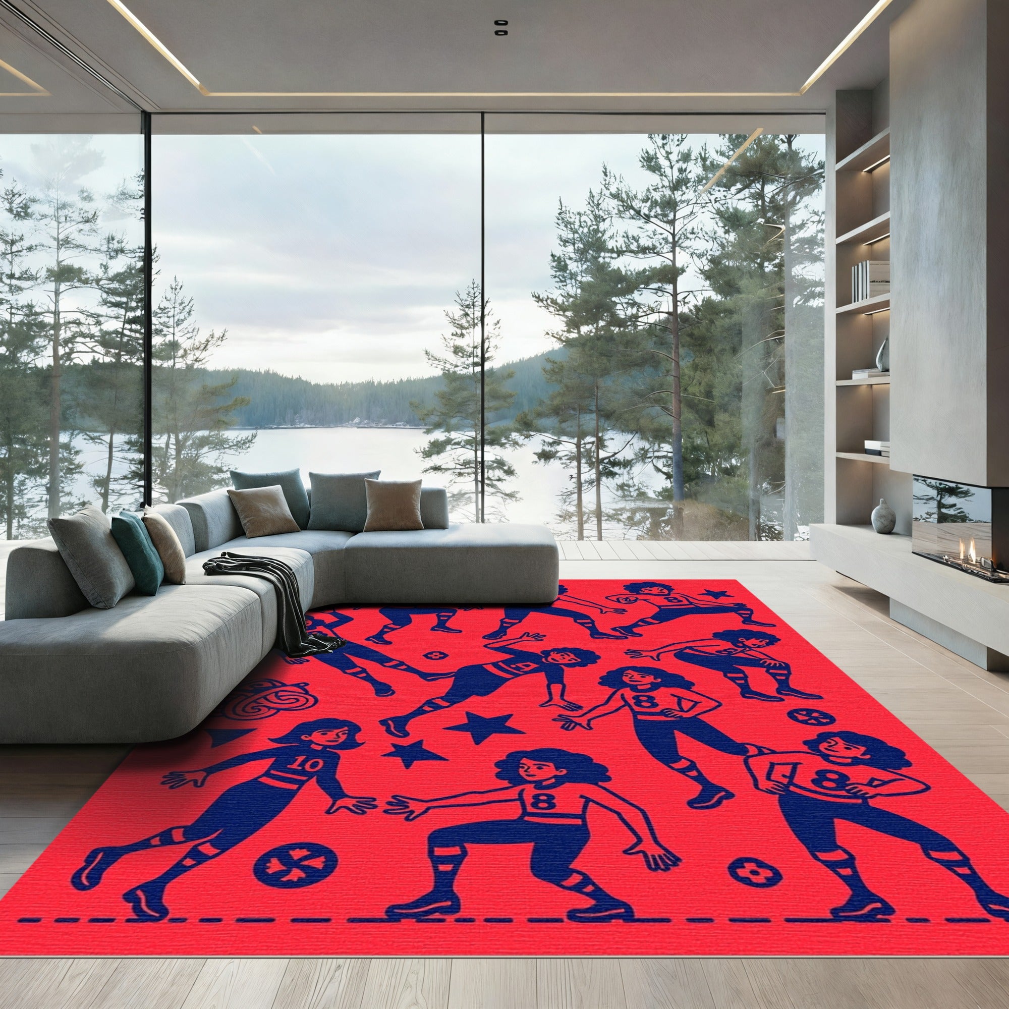 Crimson Blue Athletic Figures Collage Rug