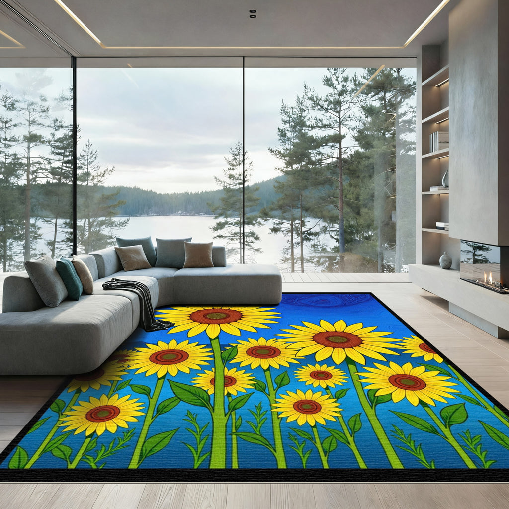 Golden Sunflower Garden Blue Sky Rug