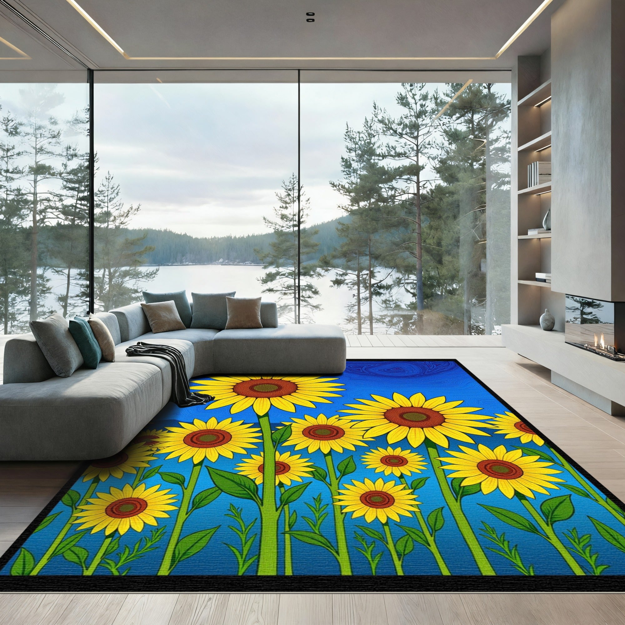 Golden Sunflower Garden Blue Sky Rug