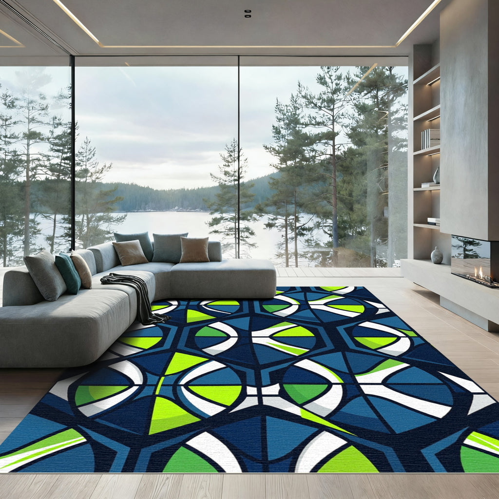 Bold Geometric Hexagon Lime Blue Abstract Rug