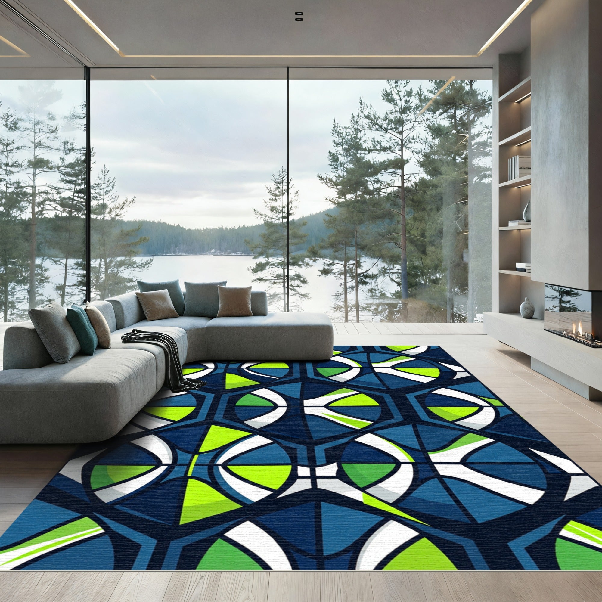 Bold Geometric Hexagon Lime Blue Abstract Rug