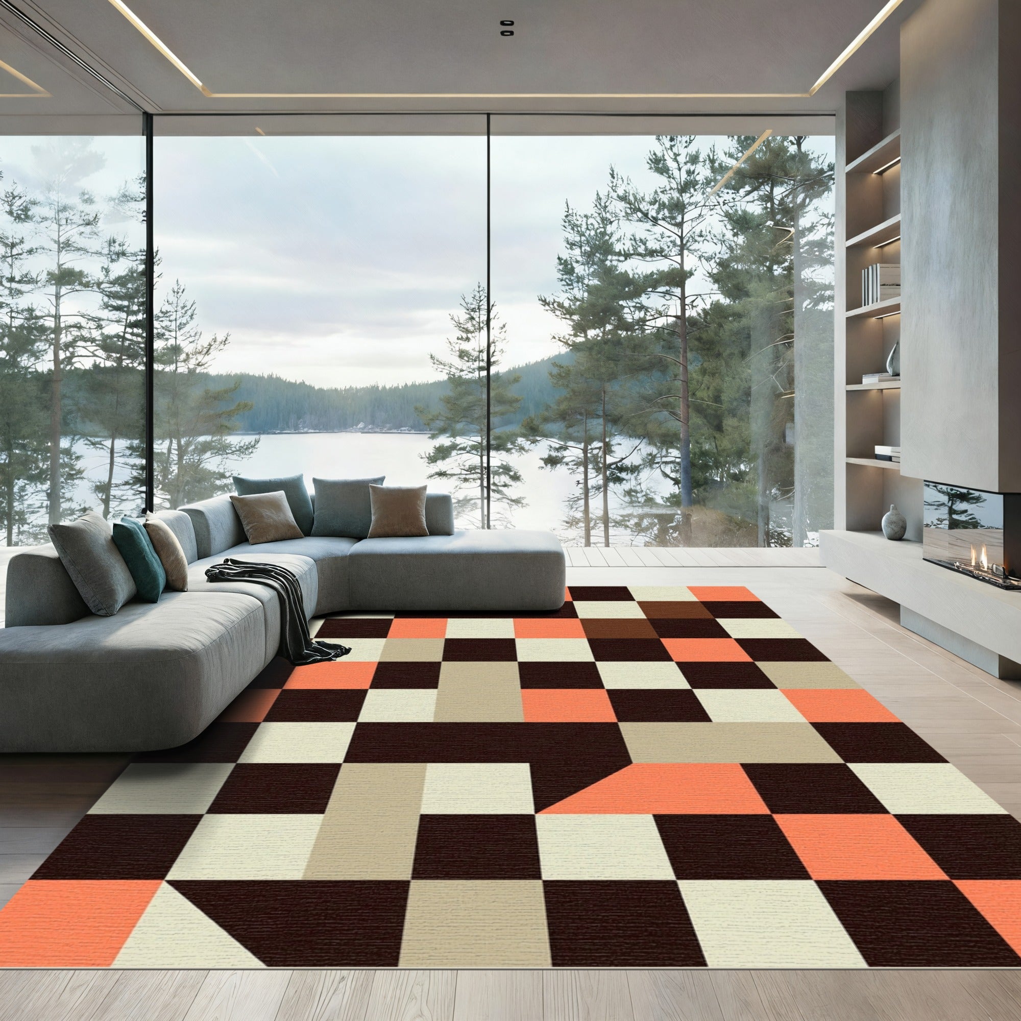 Modern Terracotta Geo Block Mosaic Rug