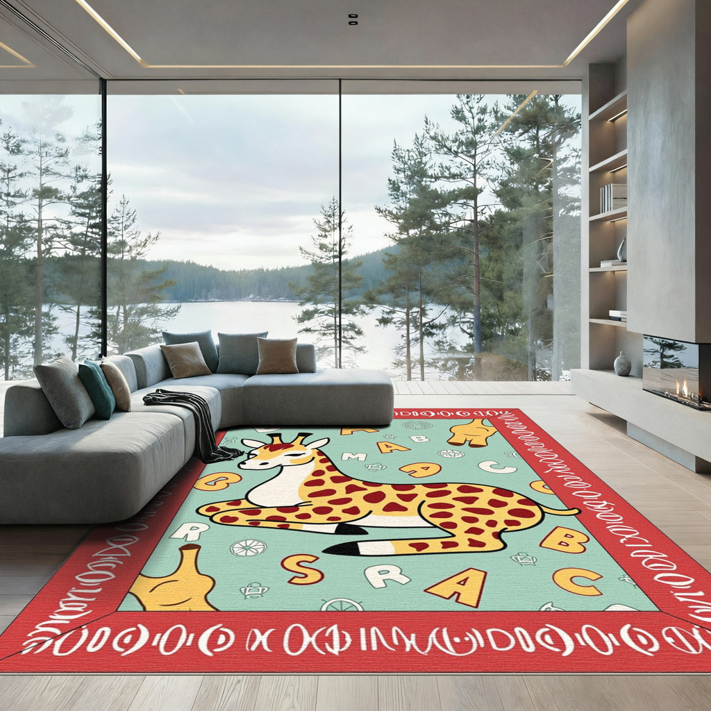 Red Border Giraffe Alphabet Art Rug