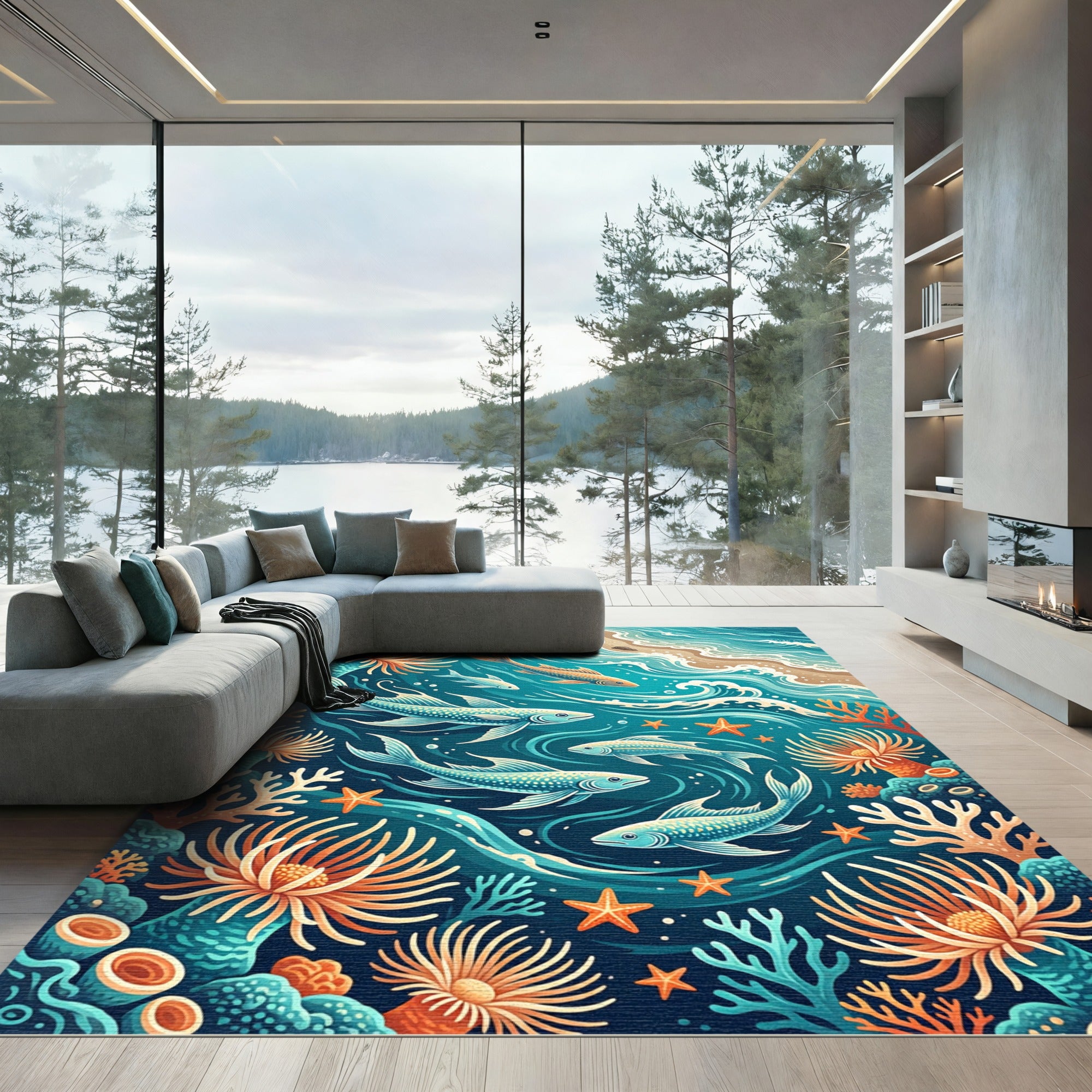 Vibrant Blue Coral Reef Undersea Scene Rug