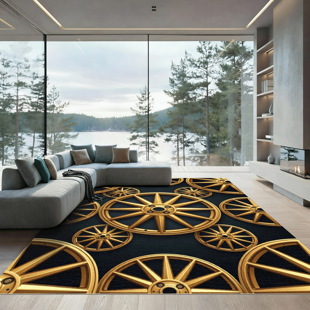 Metallic Golden Industrial Wheel Geometric Rug