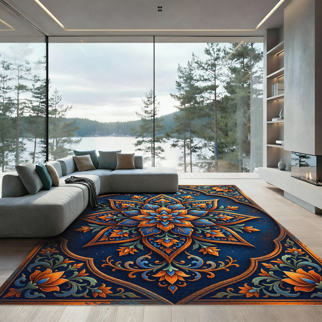 Ornate Blue Orange Floral Medallion Rug