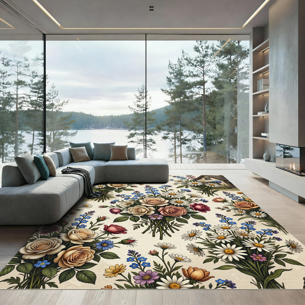 Vintage Rose ForgetMeNot Daisy Bouquet Rug