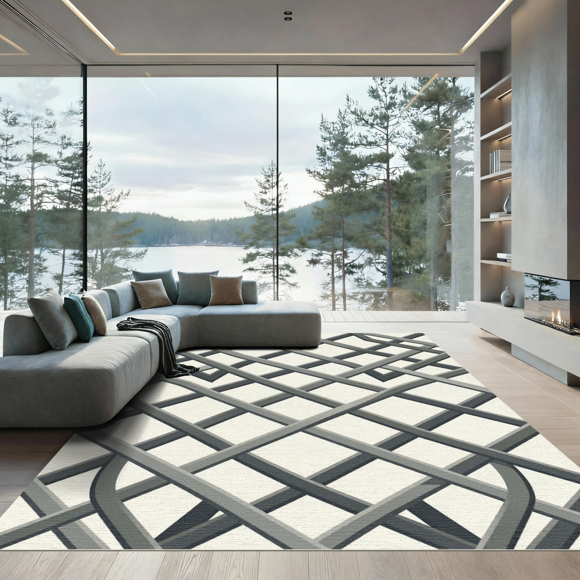 Sophisticated Monochrome Geometric Interlocking Grid Rug