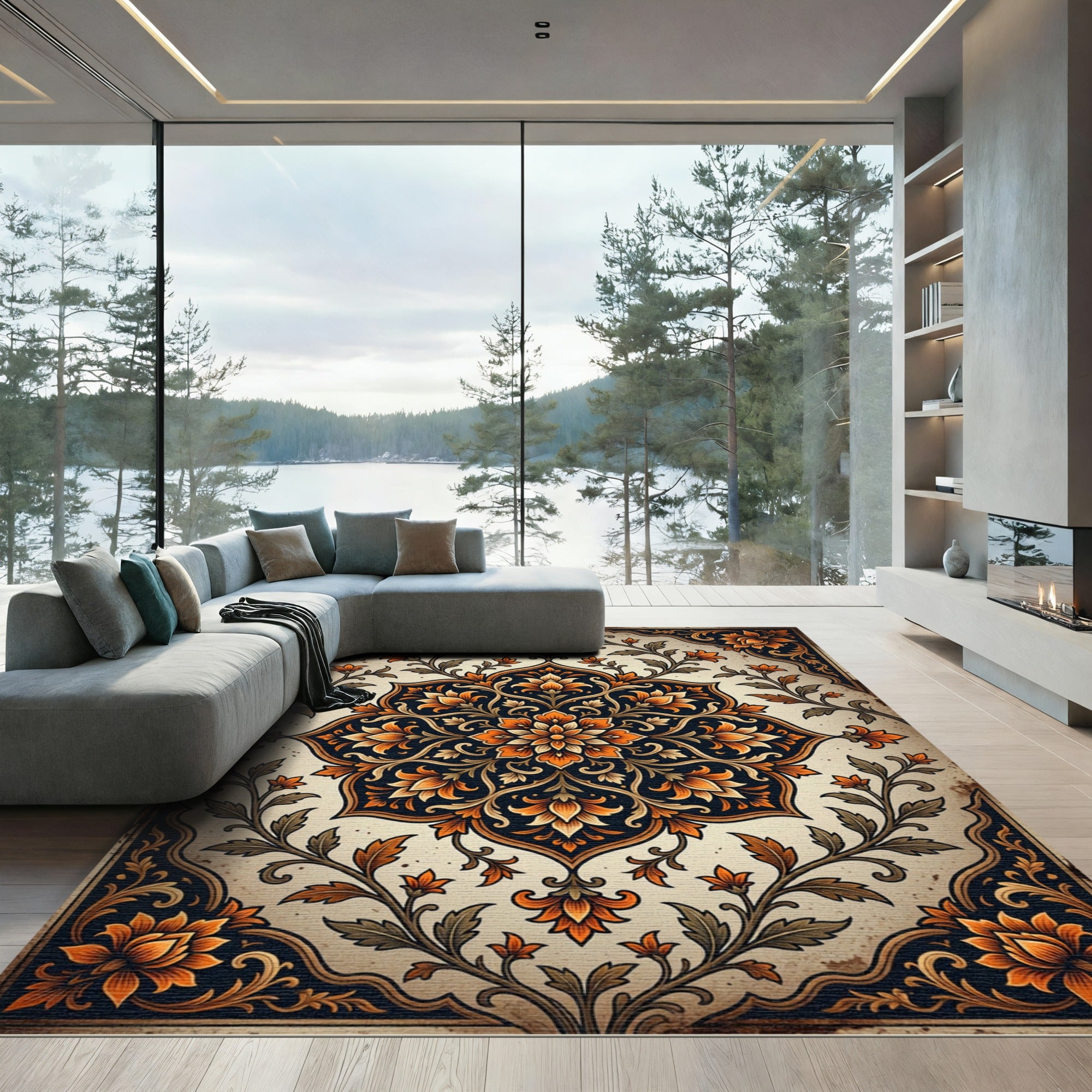 Elegant Burnt Orange Floral Medallion Rug