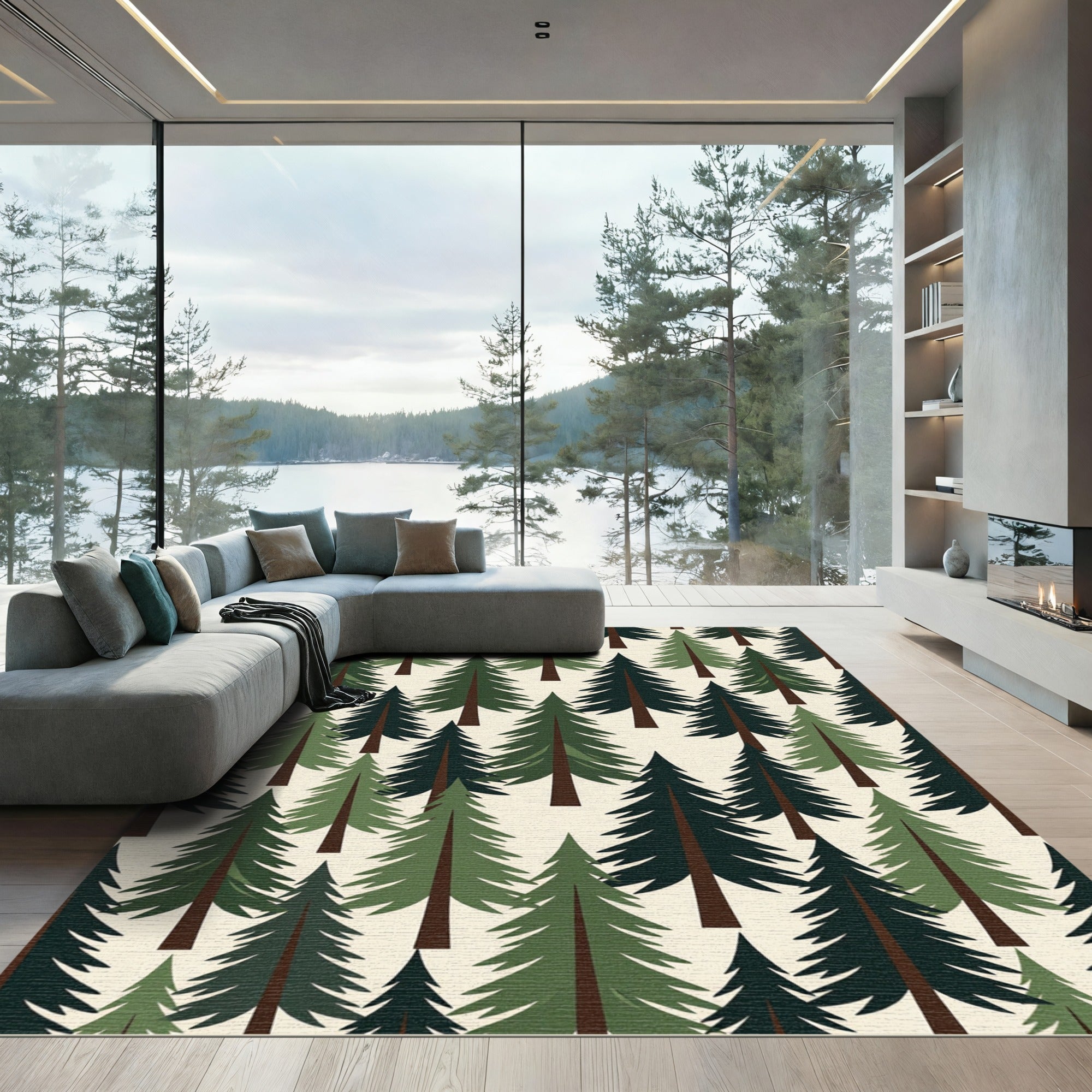 Forest Green Pine Tree Illustration Rug