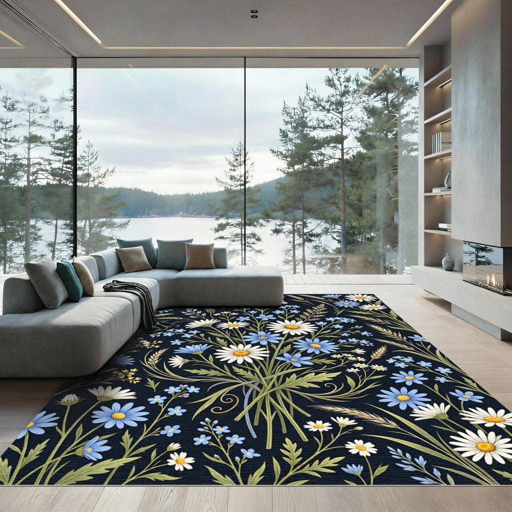 Midnight Field Daisy and Cornflower Bouquet Rug