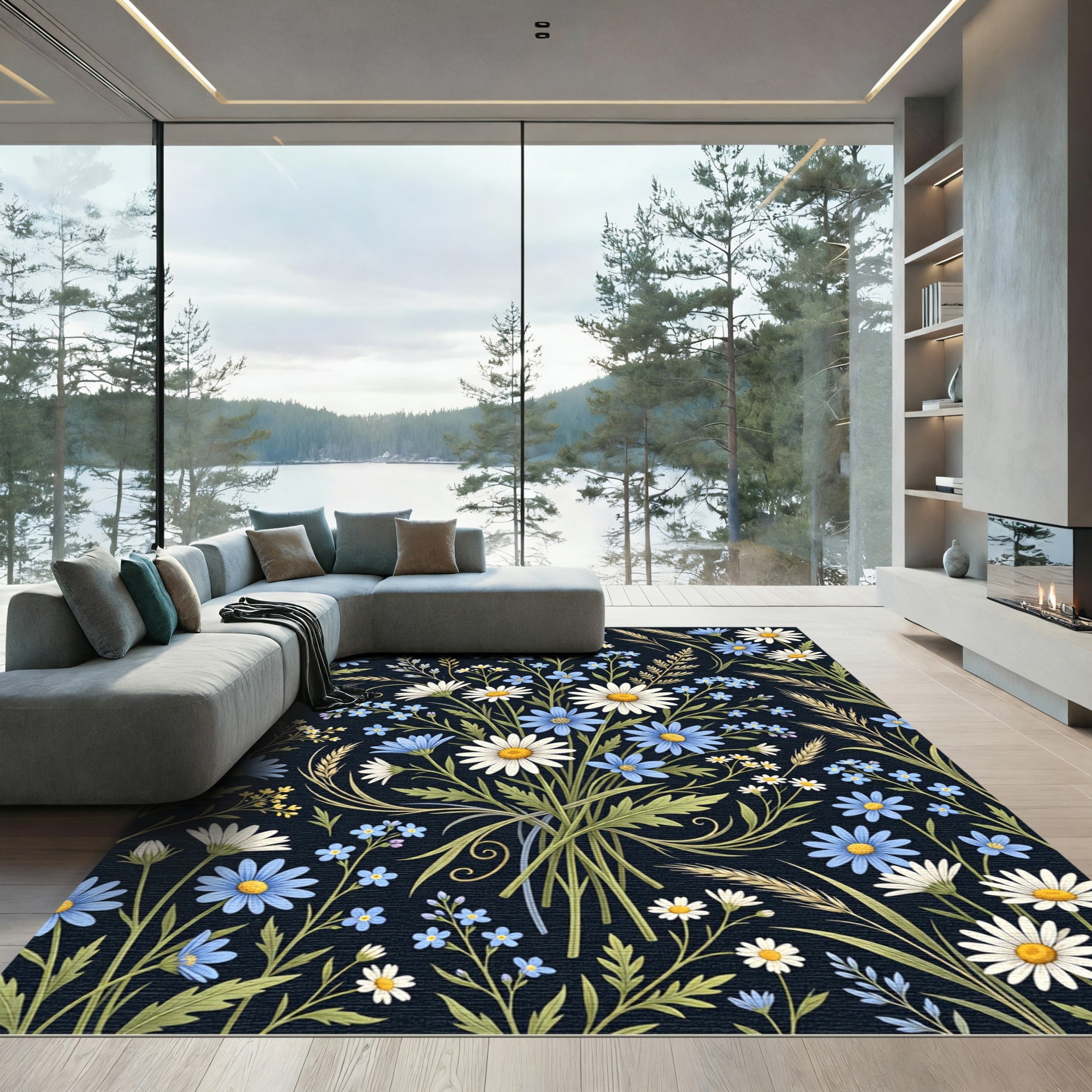Midnight Field Daisy and Cornflower Bouquet Rug