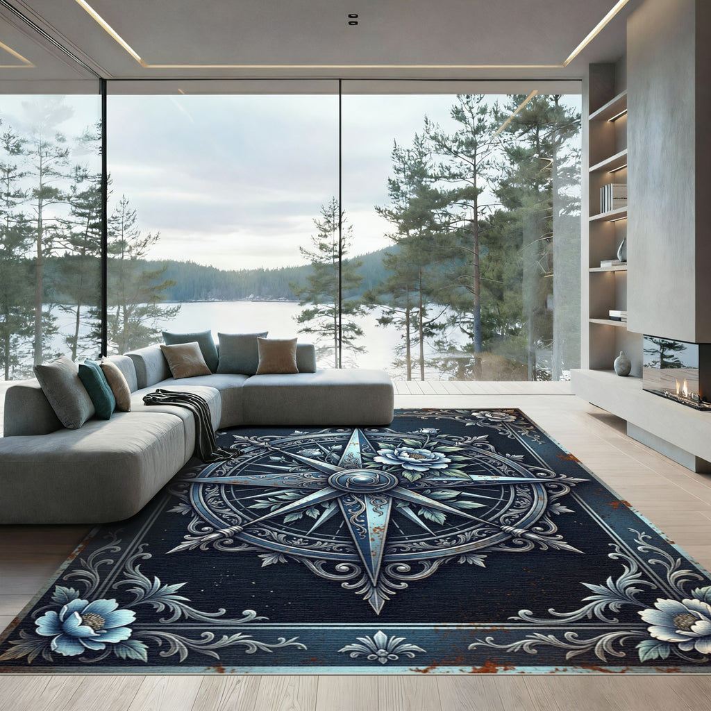 Elegant Blue Floral Compass Medallion Rug