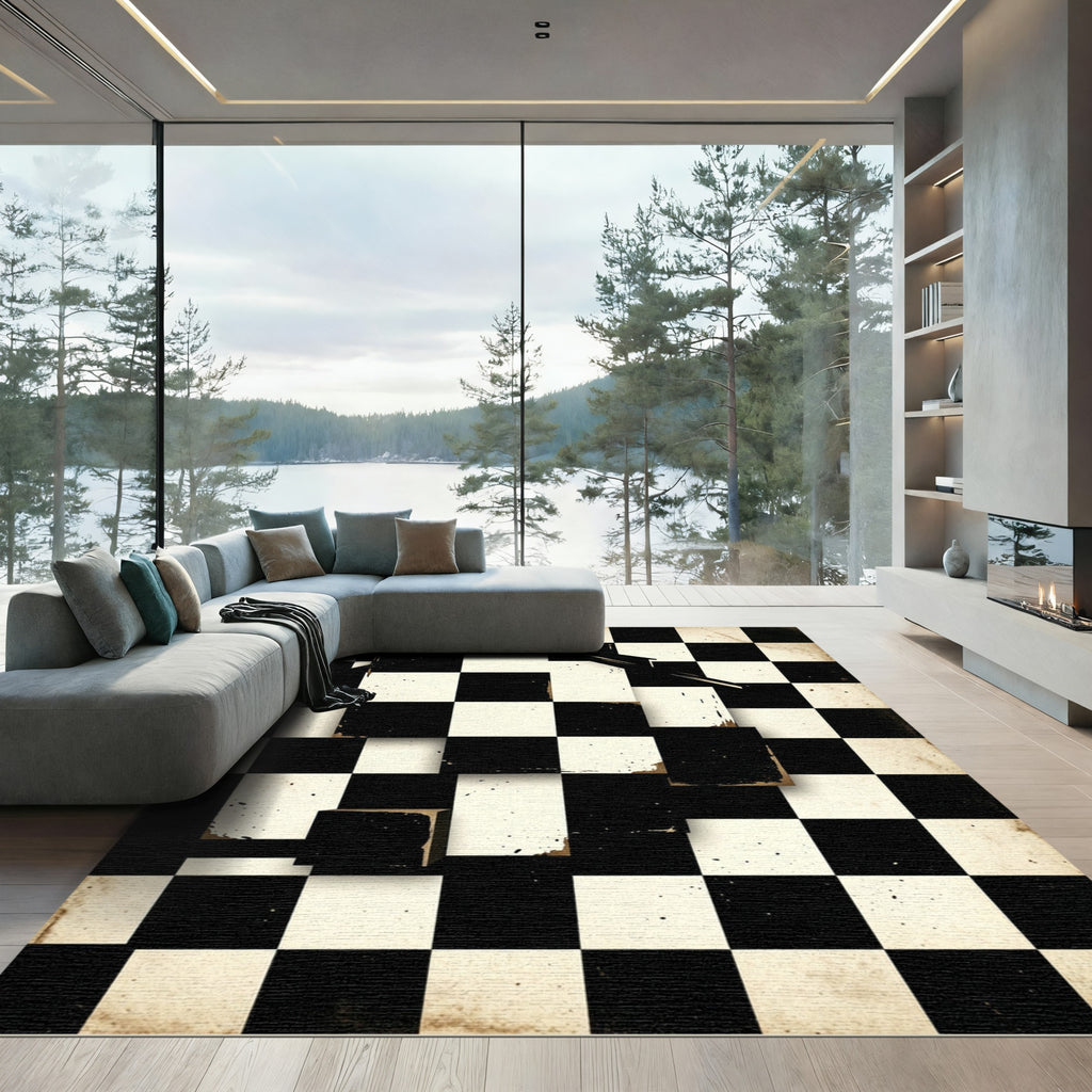 Surreal Monochrome Checkerboard House Graphic Rug