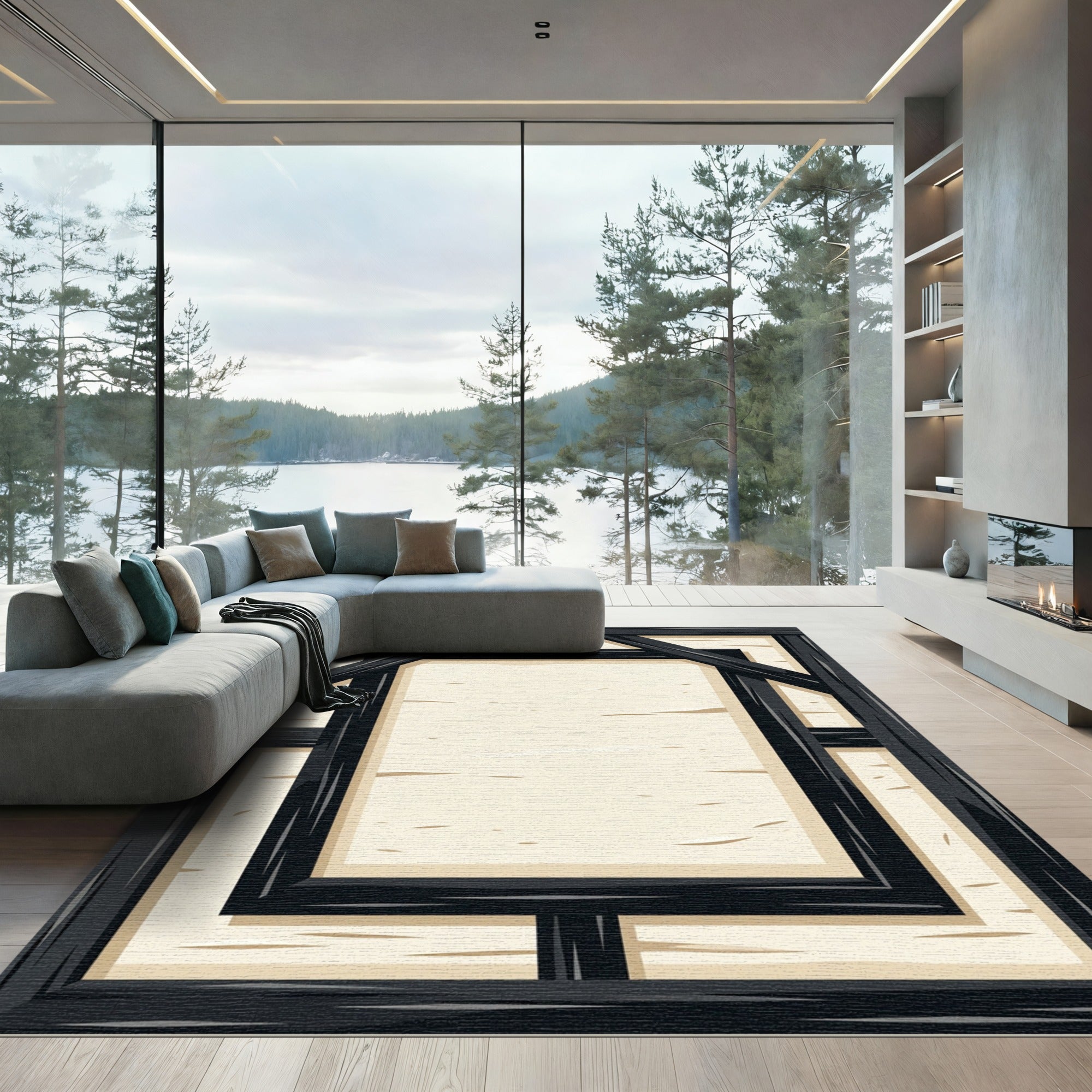 Rustic Dark Beam Cream Linen Rectangular Rug