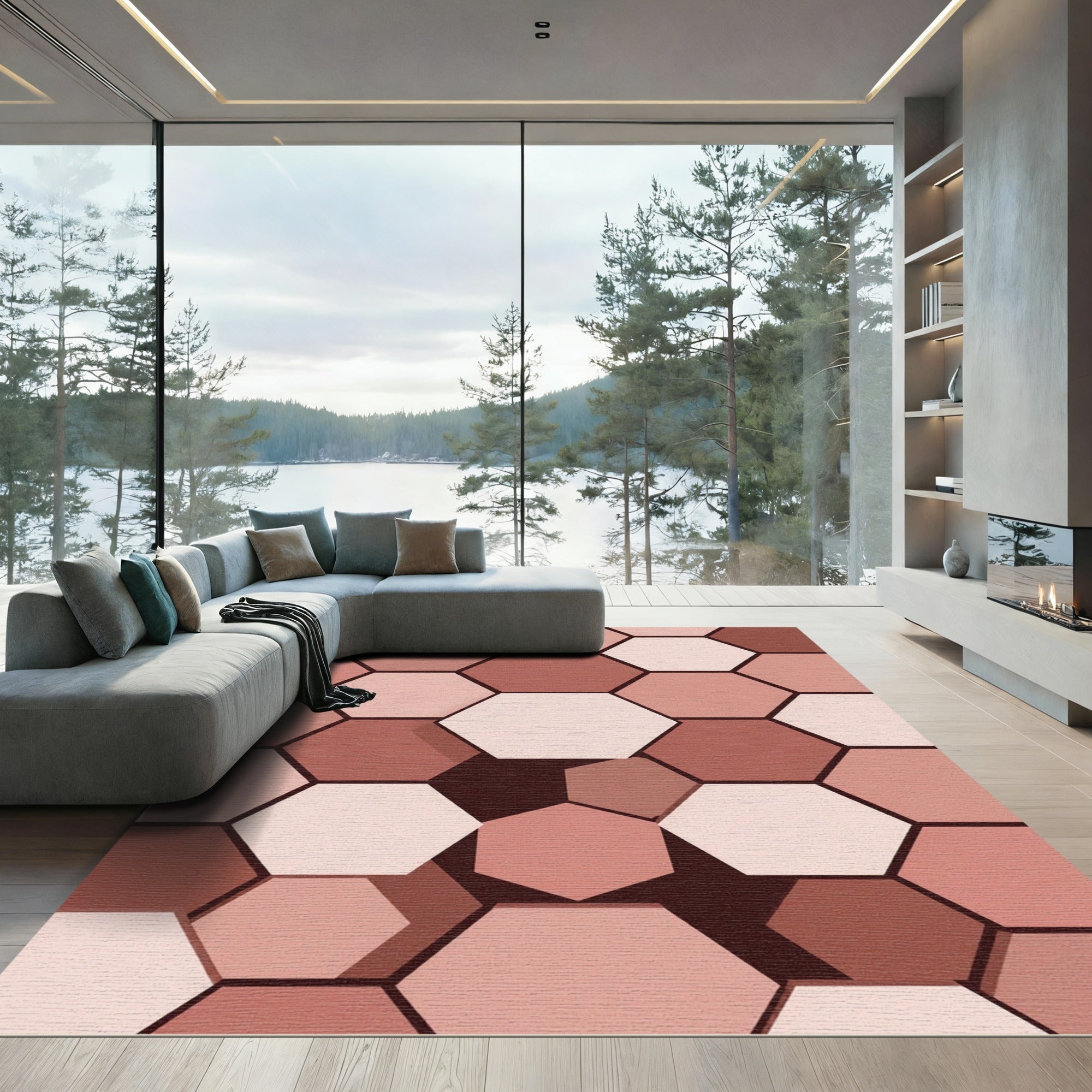 Modern Earthy Toned Geometric Hexagon Rug