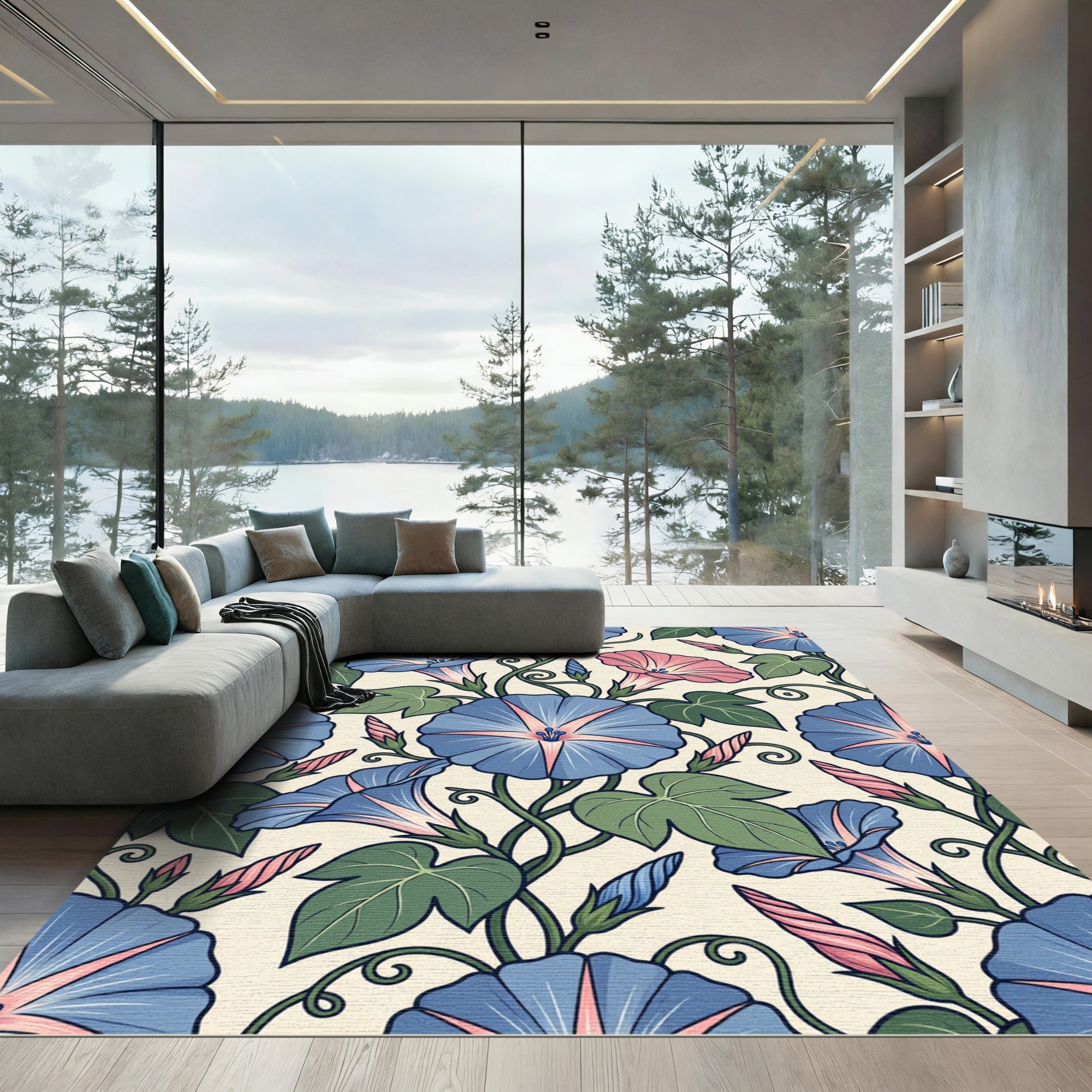 Blue Pink Morning Glory Vine Rug