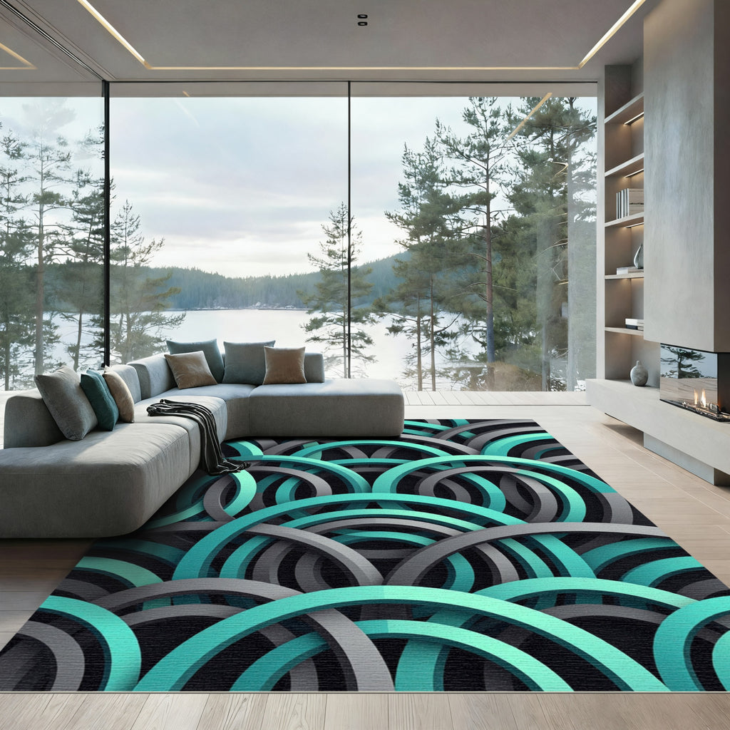 Turquoise and Charcoal Interlocking Geometric Arc Rug