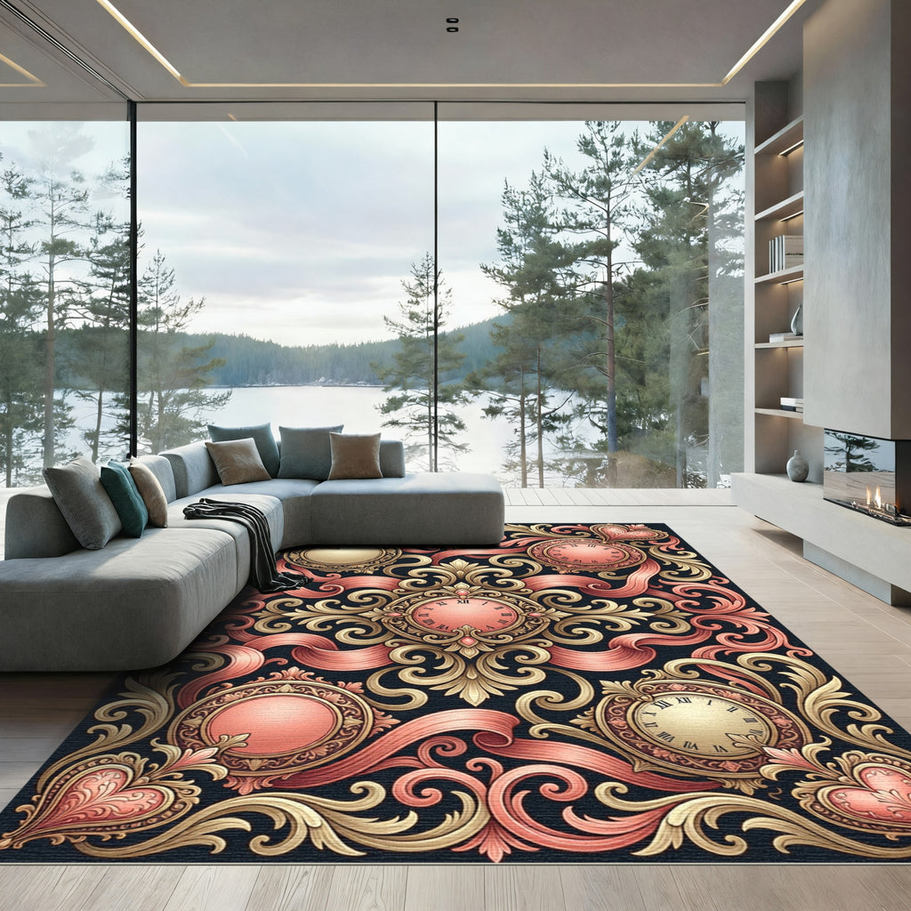 Ornate Golden Pink Timepiece Garland Rug