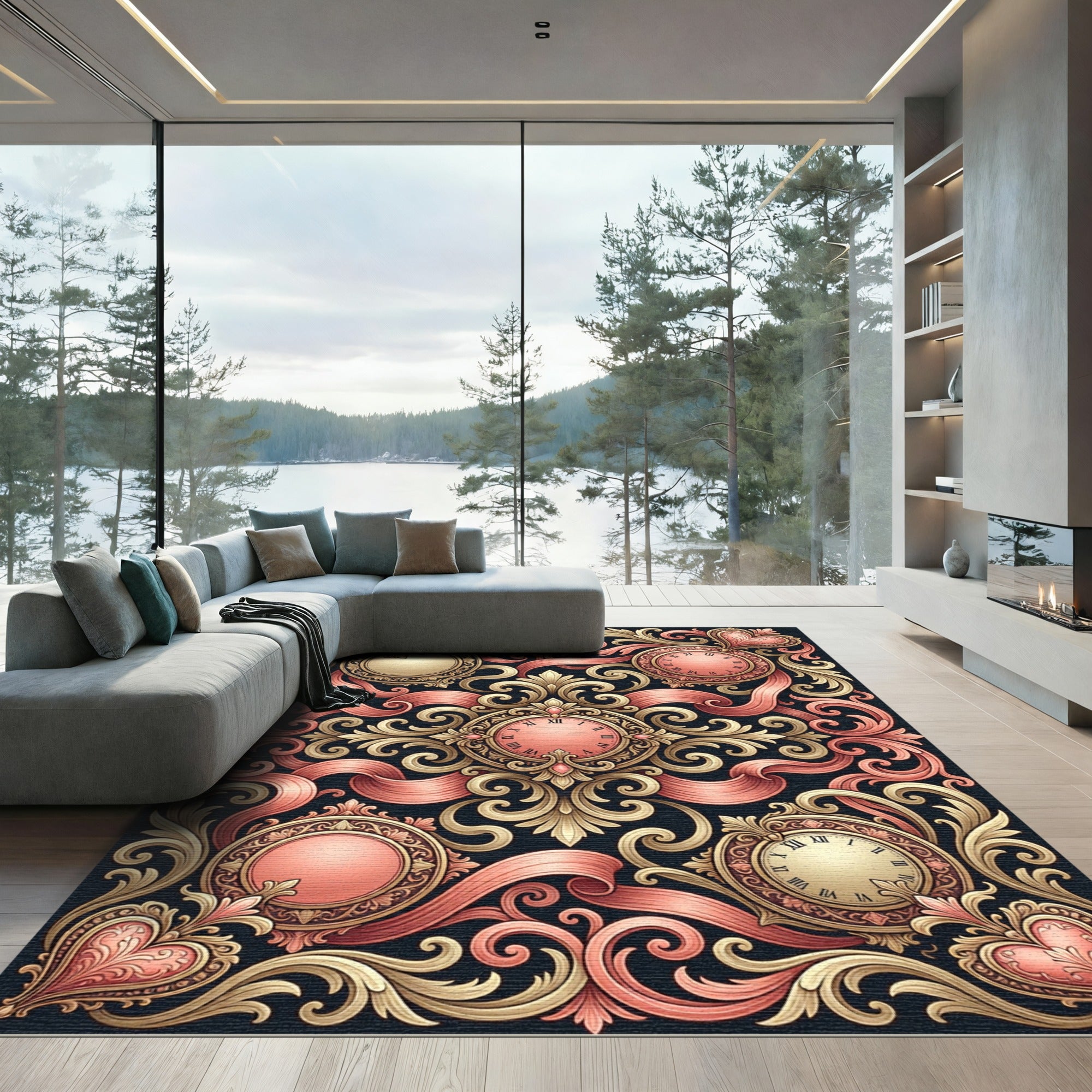 Ornate Golden Pink Timepiece Garland Rug