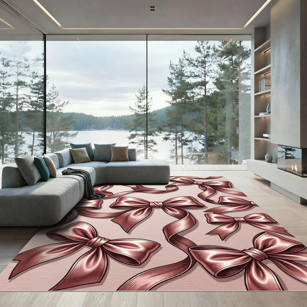 Elegant Rose Gold Satin Ribbon Bows Rug