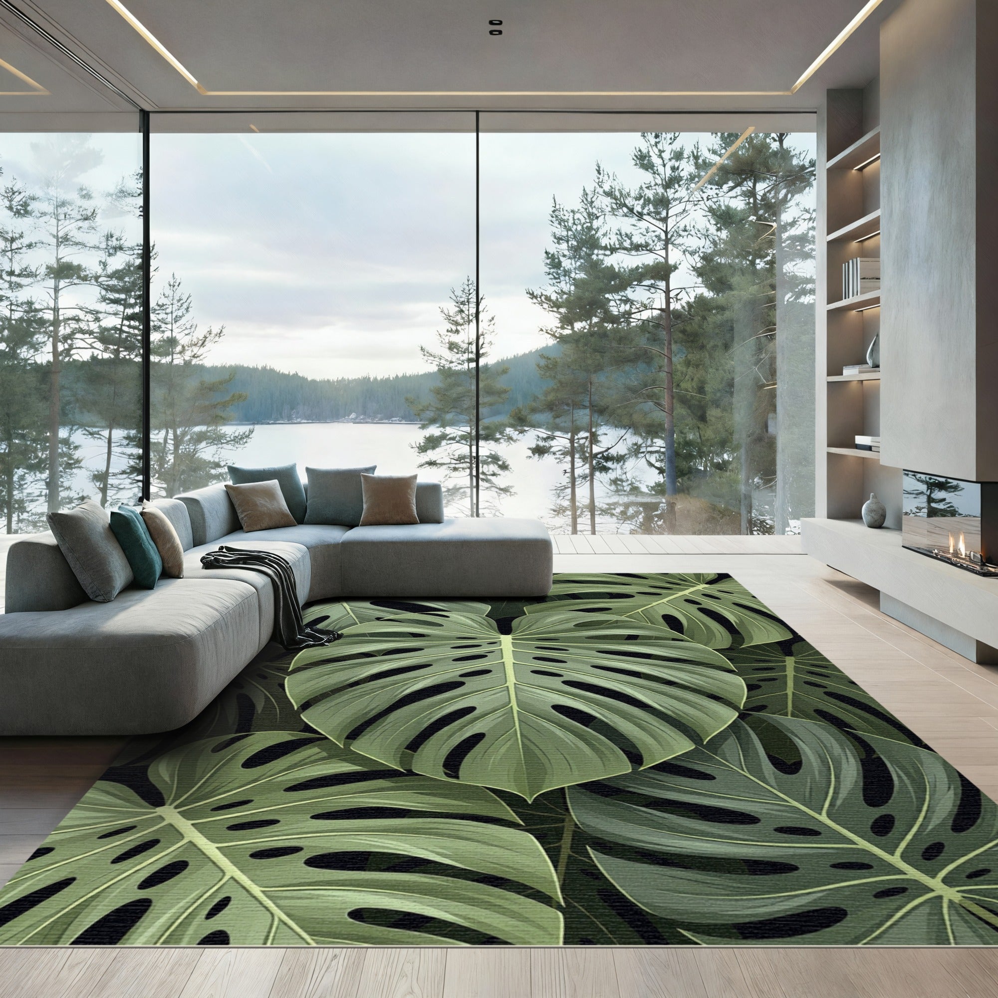 Lush Green Botanical Monstera Leaves Rug
