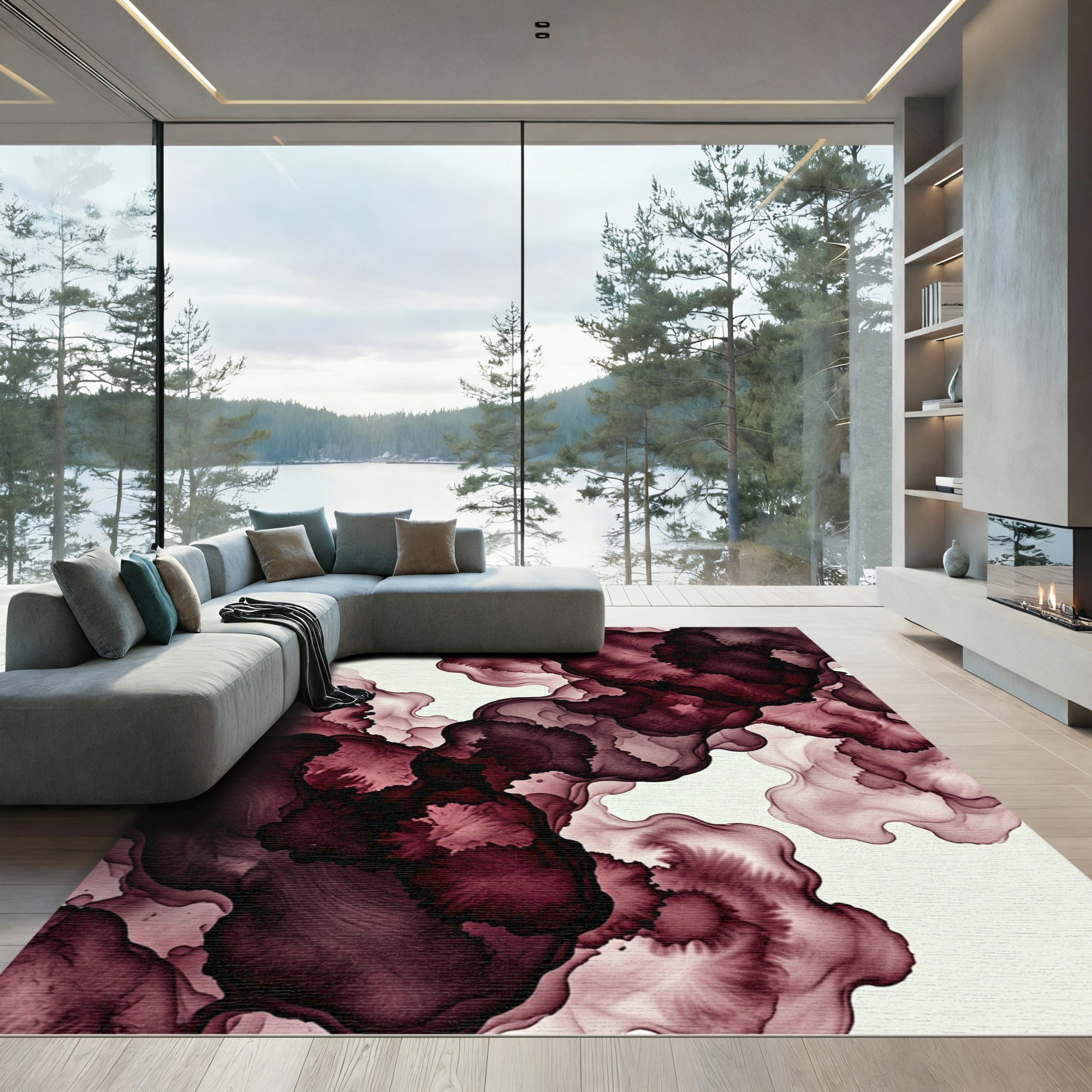 Moody Burgundy Abstract Ink Flow Rug