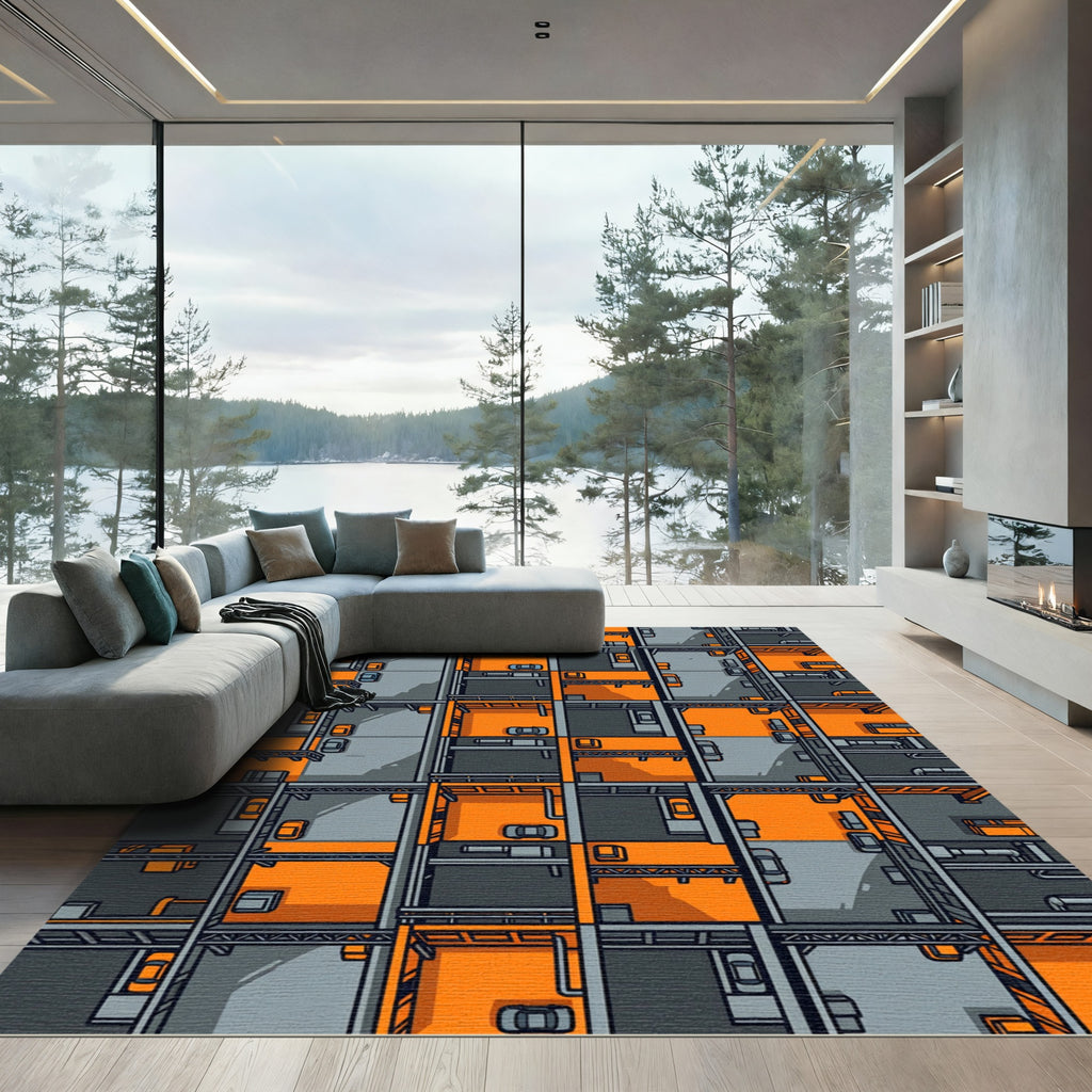 Industrial Orange Gray Garage Rectangles Rug