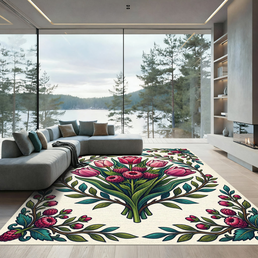 Pink Tulip and Raspberry Botanical Bouquet Rug