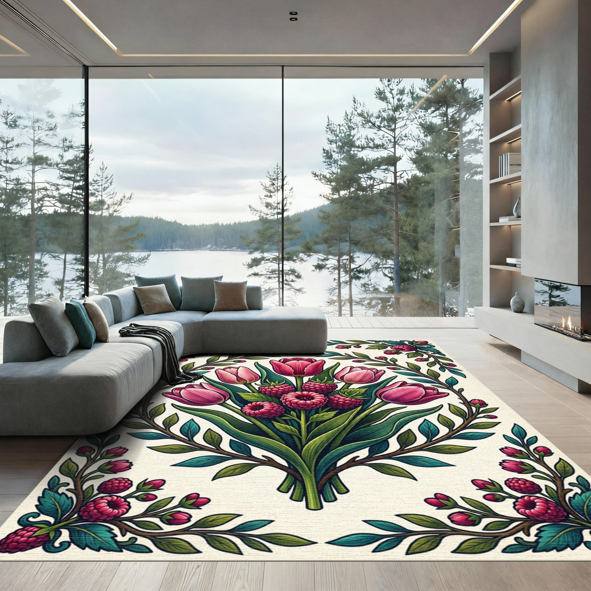 Pink Tulip and Raspberry Botanical Bouquet Rug