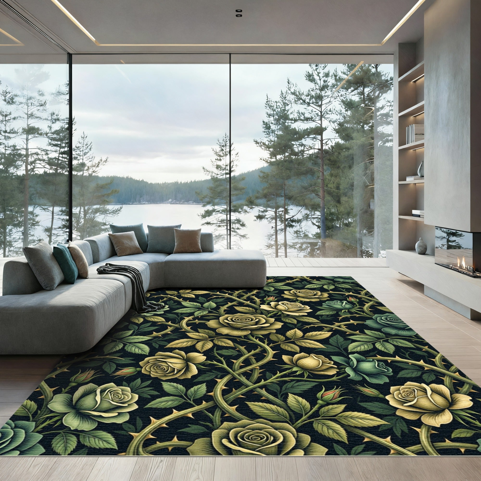 Gothic Sage Gold Rose Vine Rug