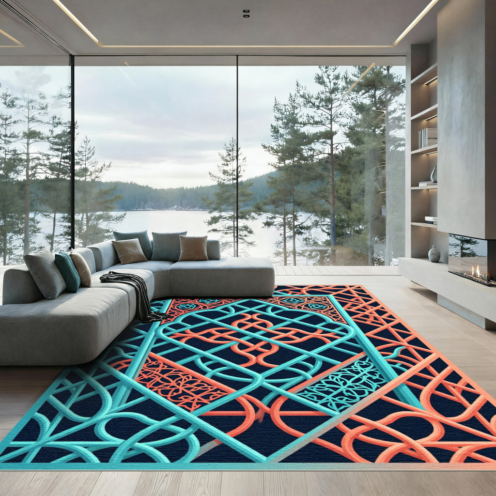 Teal and Coral Geometric Interlocking Lattice Rug
