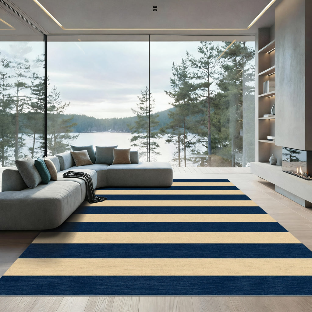 Classic Navy and Beige Horizontal Stripe Rug