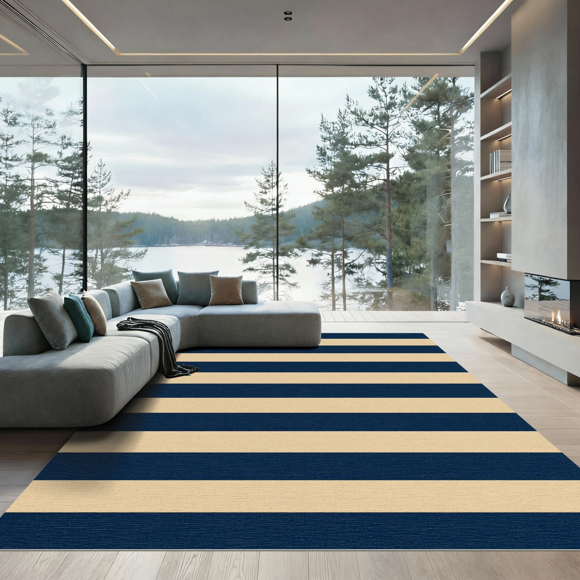 Classic Navy and Beige Horizontal Stripe Rug