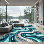 Fluid Teal and Navy Abstract Swirl Rug