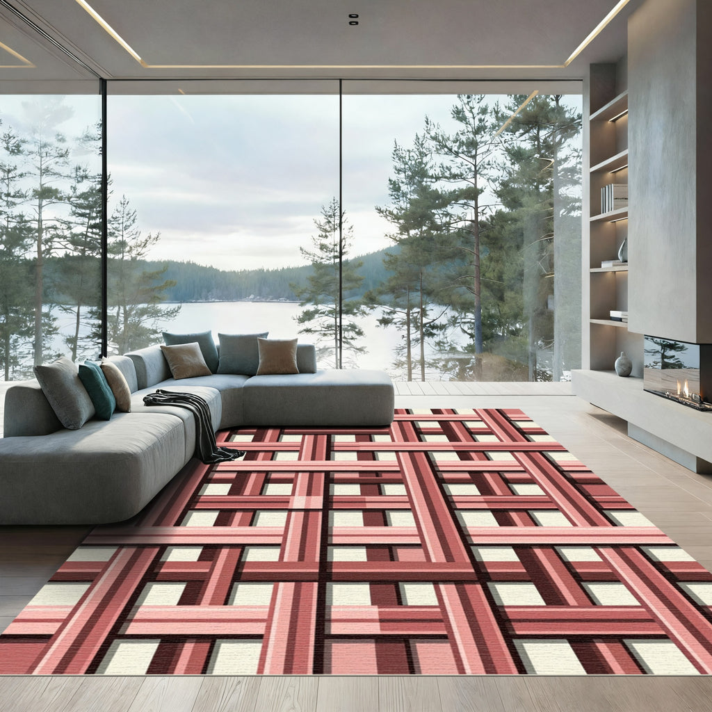 Geometric Pink Woven Lattice Weave Rug