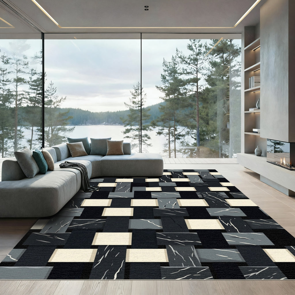 Modern Monochromatic Interwoven Stone Grid Rug