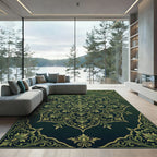 Ornate Emerald Botanical Damask Medallion Rug