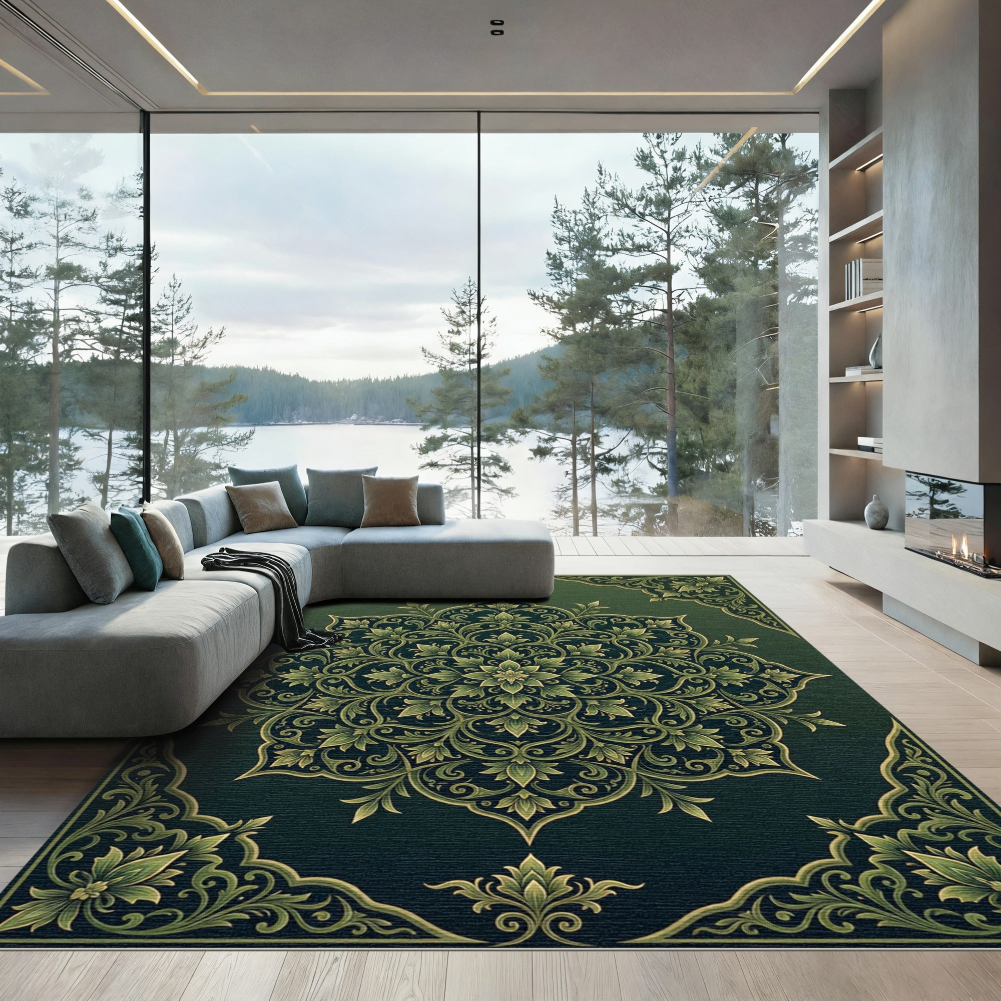 Ornate Emerald Botanical Damask Medallion Rug