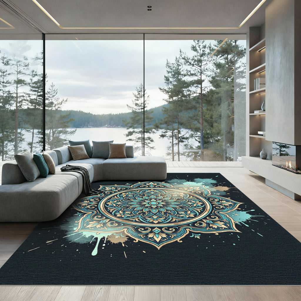 Teal Gold Ornate Medallion Art Rug